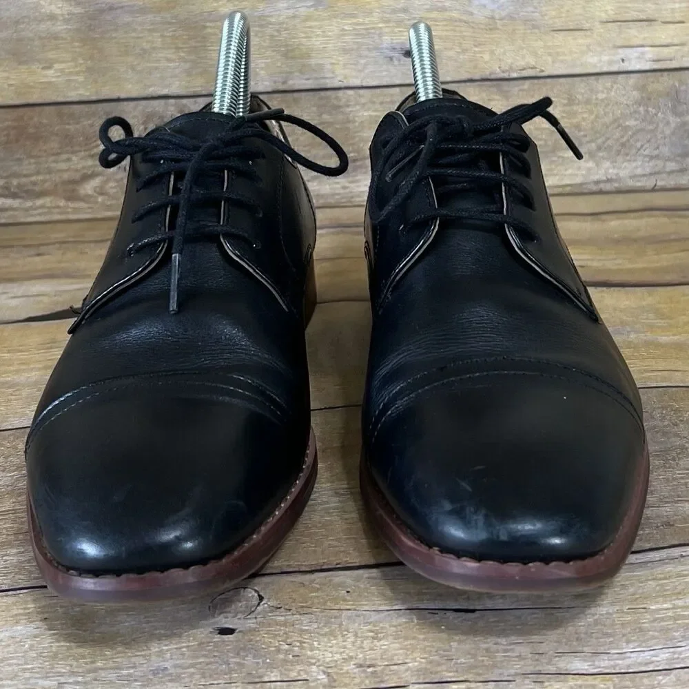 Black Leather Cap Toe Oxford Derby Dress Shoes SZ 7 Brown Stacked Heel‎ Mens